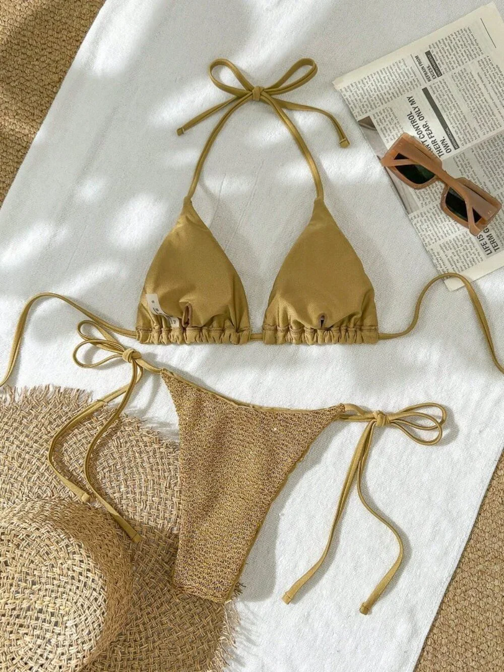 Brown Sequin Textured Women's 2-Piece Halter Triangle Bra Bikini Set